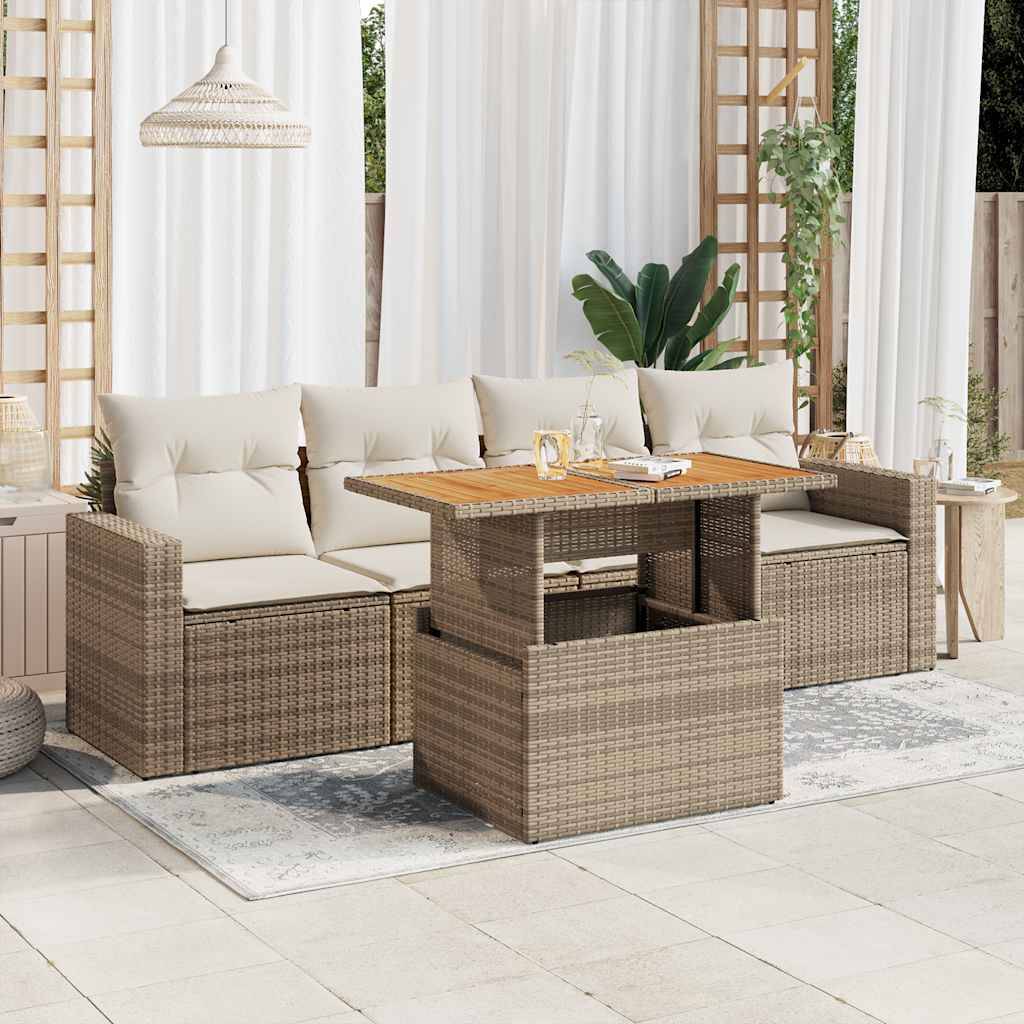 vidaXL 5-tlg. Garten-Sofagarnitur mit Kissen Beige Poly Rattan
