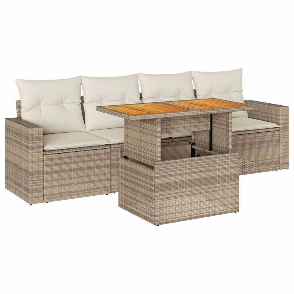 vidaXL 5-tlg. Garten-Sofagarnitur mit Kissen Beige Poly Rattan