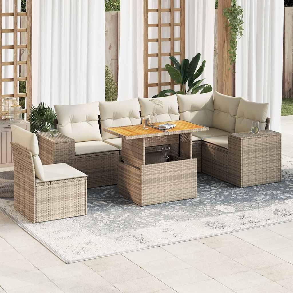 vidaXL 7-tlg. Garten-Sofagarnitur mit Kissen Beige Poly Rattan