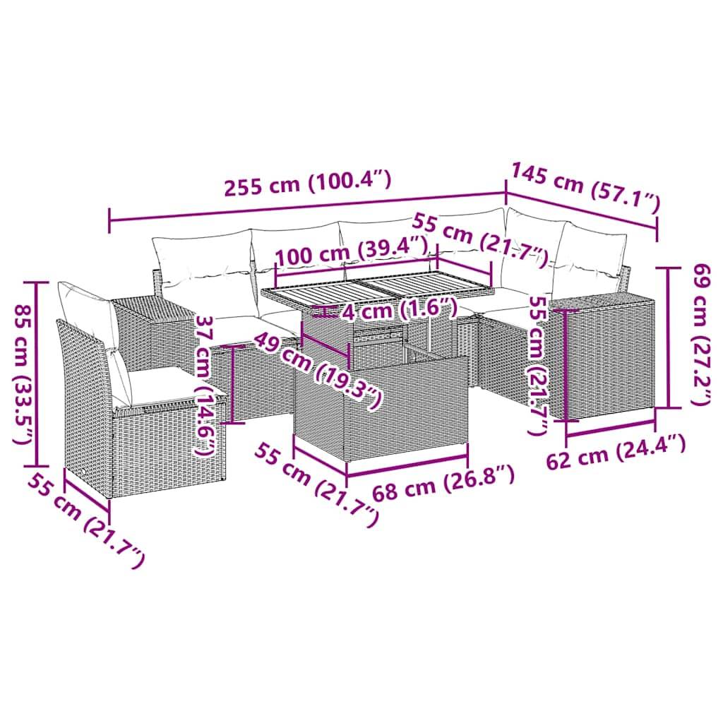 vidaXL 7-tlg. Garten-Sofagarnitur mit Kissen Beige Poly Rattan