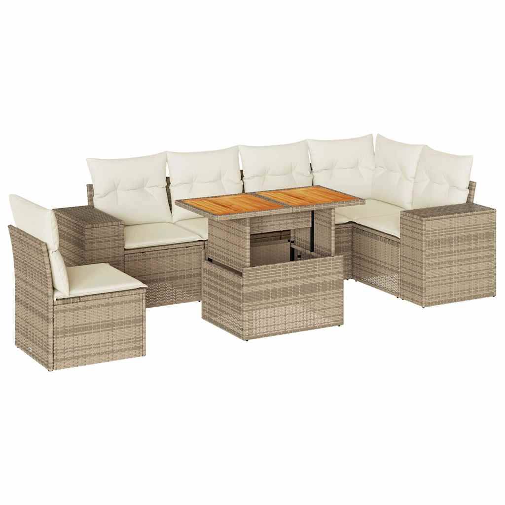 vidaXL 7-tlg. Garten-Sofagarnitur mit Kissen Beige Poly Rattan