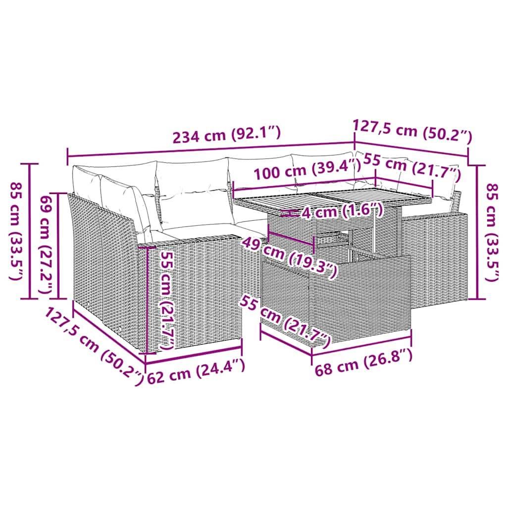vidaXL 7-tlg. Garten-Sofagarnitur mit Kissen Beige Poly Rattan