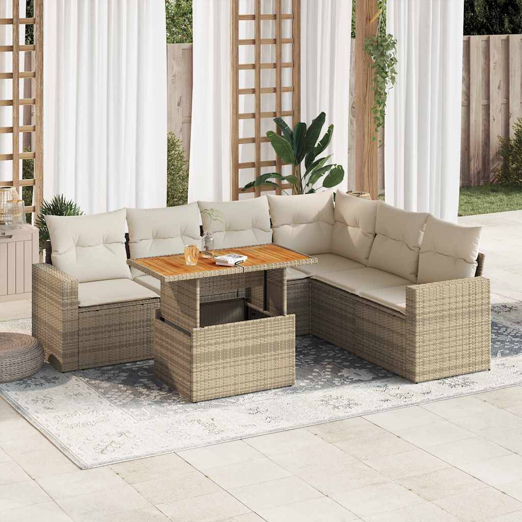vidaXL 7-tlg. Garten-Sofagarnitur mit Kissen Beige Poly Rattan