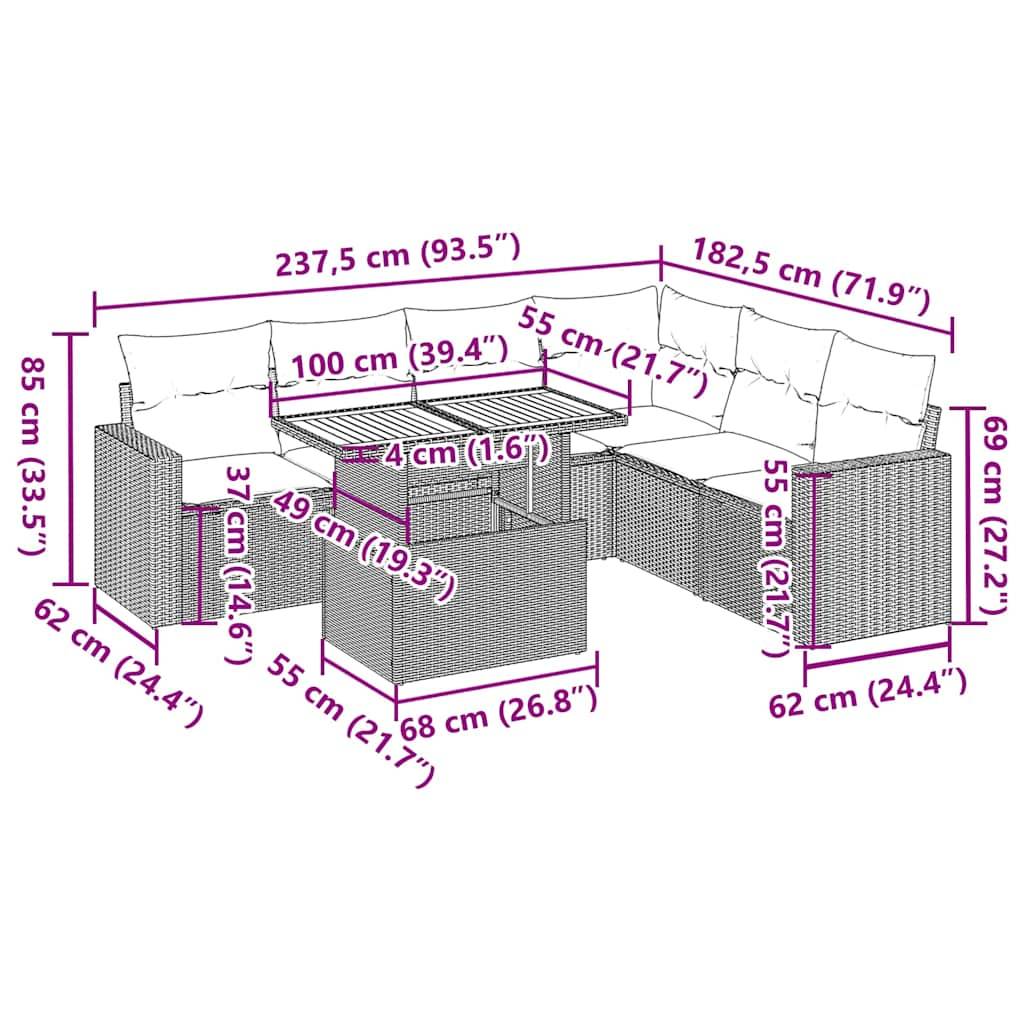 vidaXL 7-tlg. Garten-Sofagarnitur mit Kissen Beige Poly Rattan