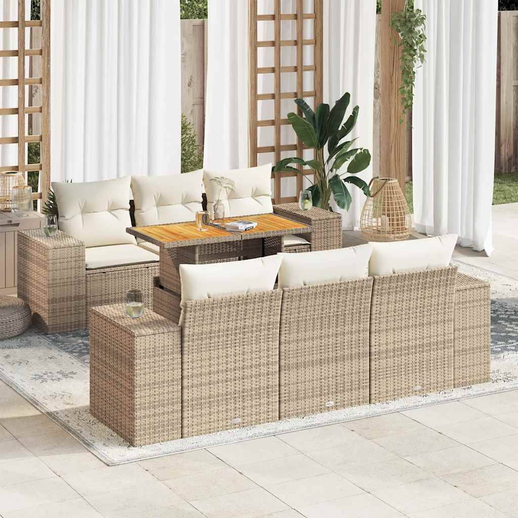 vidaXL 7-tlg. Garten-Sofagarnitur mit Kissen Beige Poly Rattan