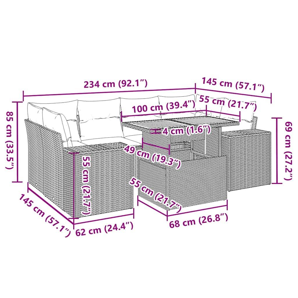 vidaXL 7-tlg. Garten-Sofagarnitur mit Kissen Schwarz Poly Rattan