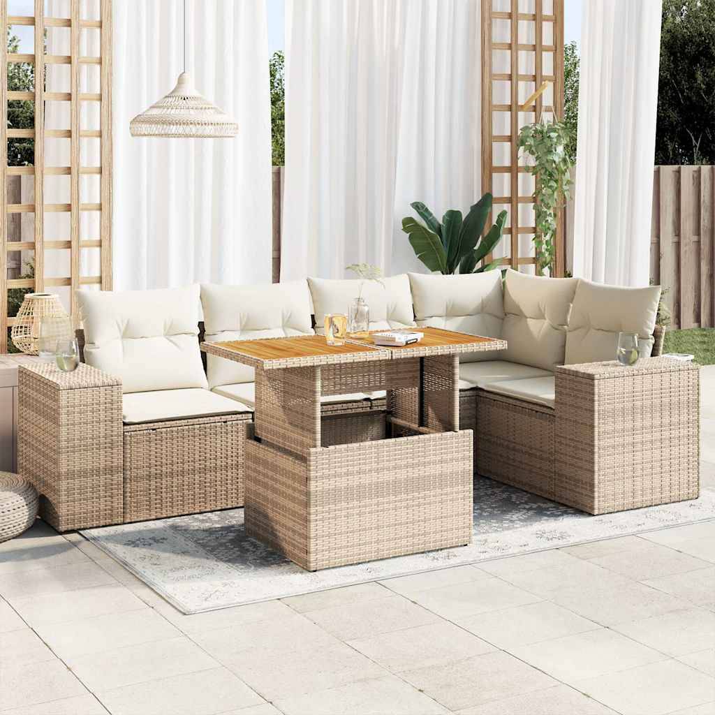 vidaXL 6-tlg. Garten-Sofagarnitur mit Kissen Beige Poly Rattan