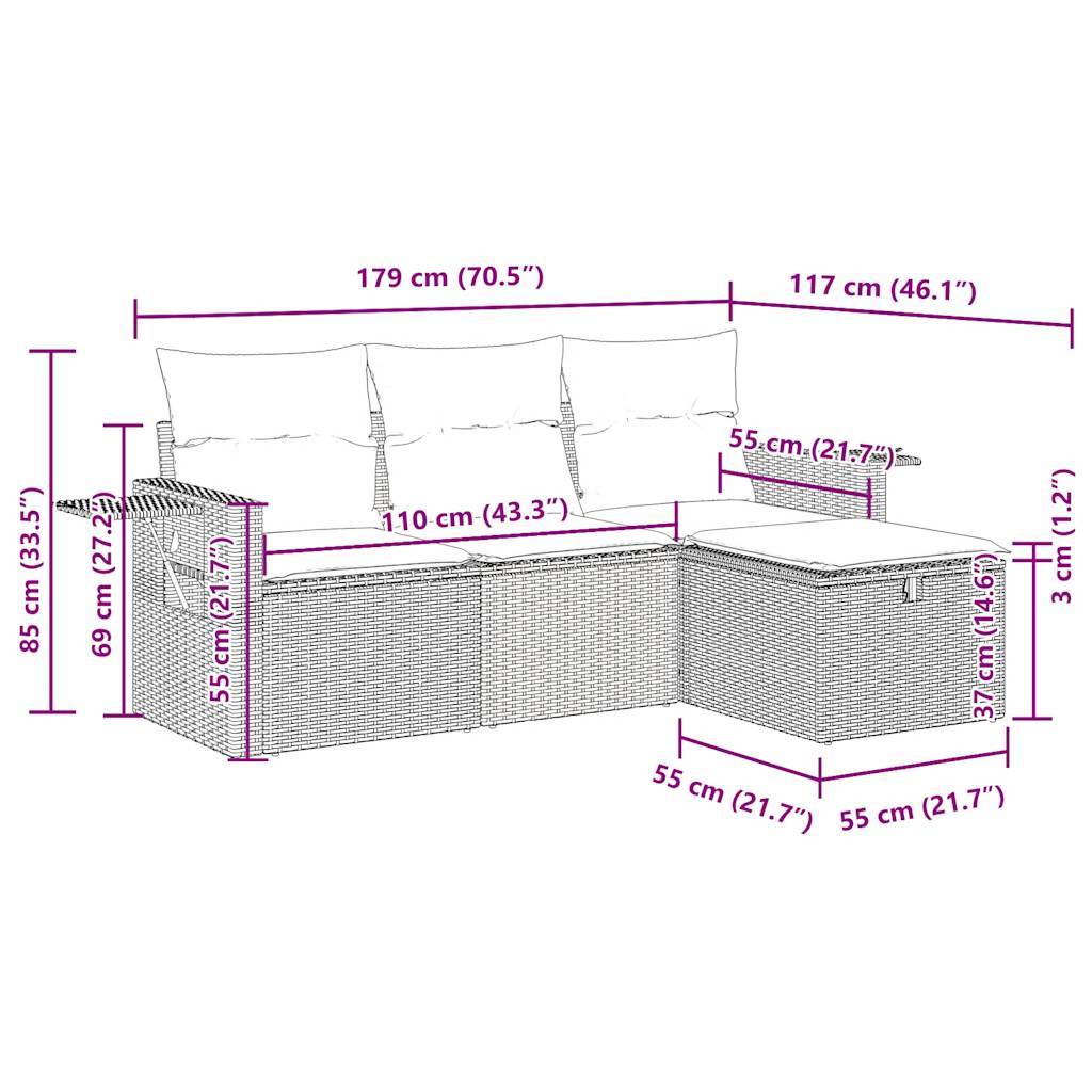 vidaXL 4-tlg. Garten-Sofagarnitur mit Kissen Schwarz Poly Rattan