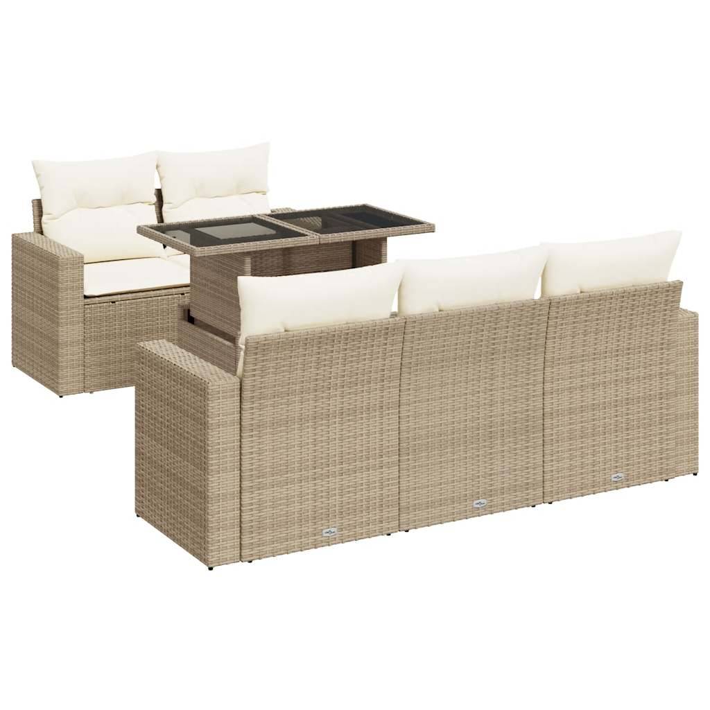 vidaXL 6-tlg. Garten-Sofagarnitur mit Kissen Beige Poly Rattan