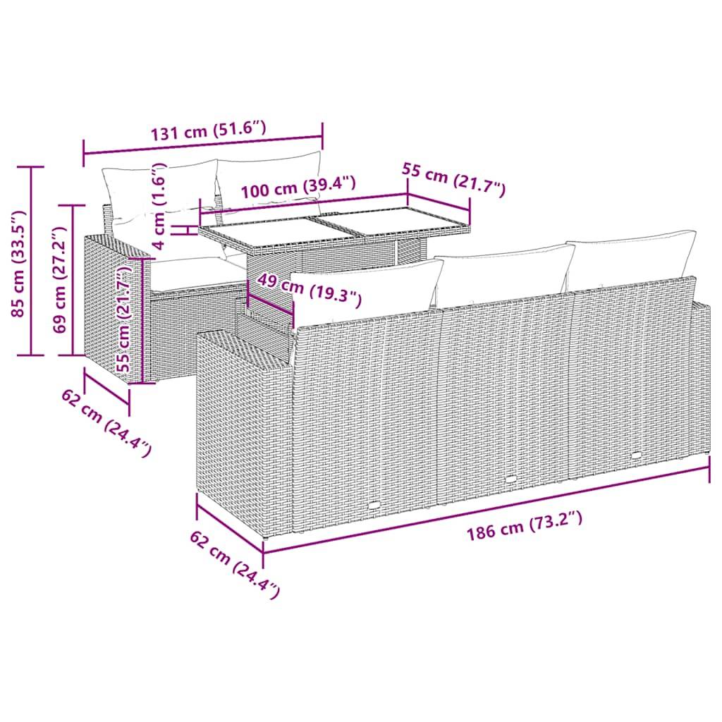 vidaXL 6-tlg. Garten-Sofagarnitur mit Kissen Beige Poly Rattan