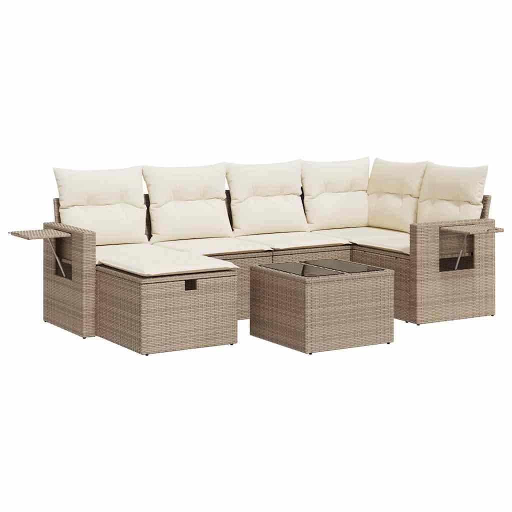 vidaXL 7-tlg. Garten-Sofagarnitur mit Kissen Beige Poly Rattan