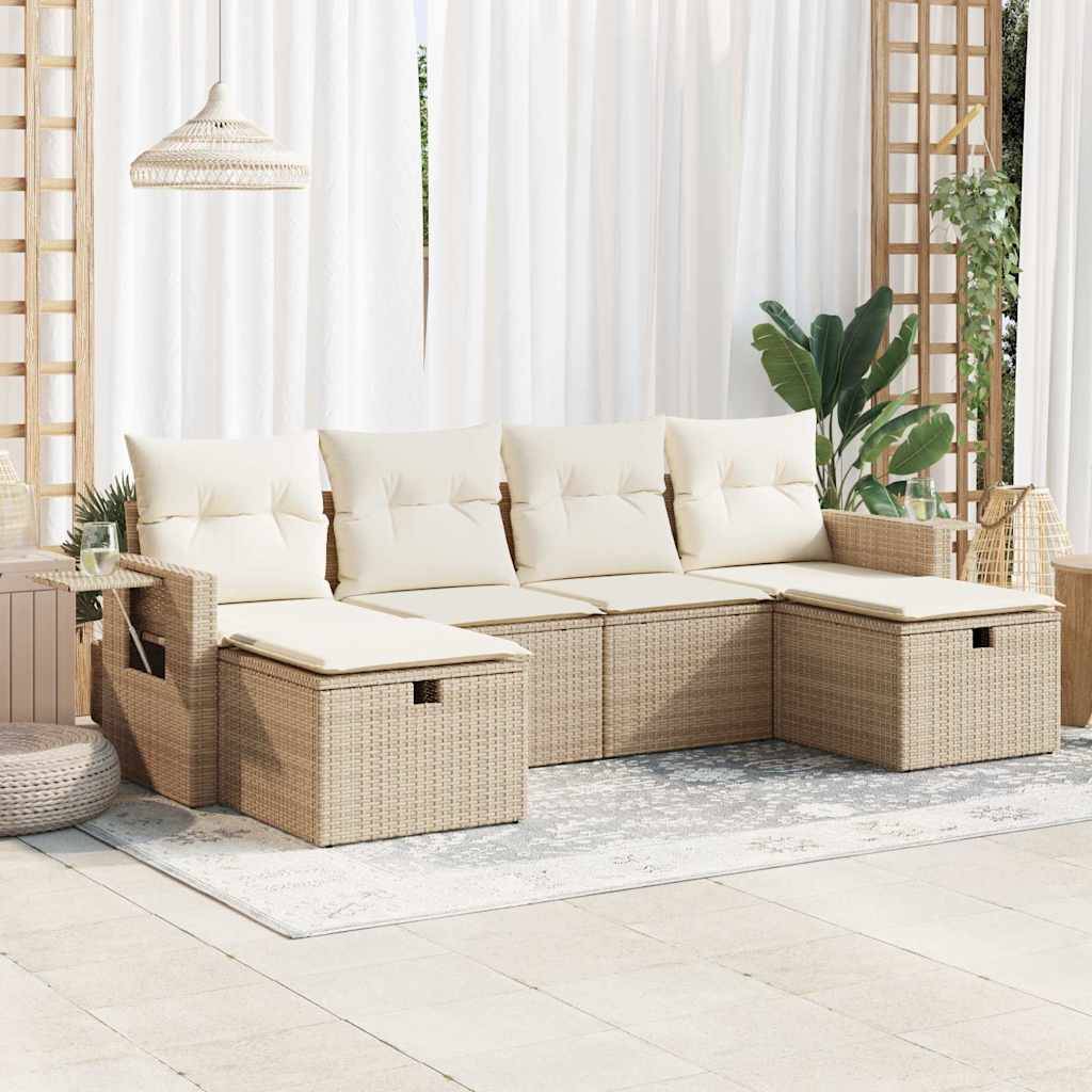 vidaXL 6-tlg. Garten-Sofagarnitur mit Kissen Beige Poly Rattan