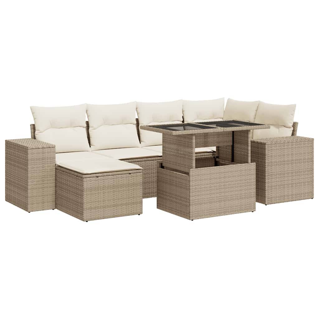 vidaXL 7-tlg. Garten-Sofagarnitur mit Kissen Beige Poly Rattan