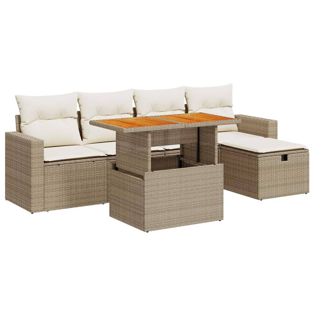 vidaXL 6-tlg. Garten-Sofagarnitur mit Kissen Beige Poly Rattan Akazie