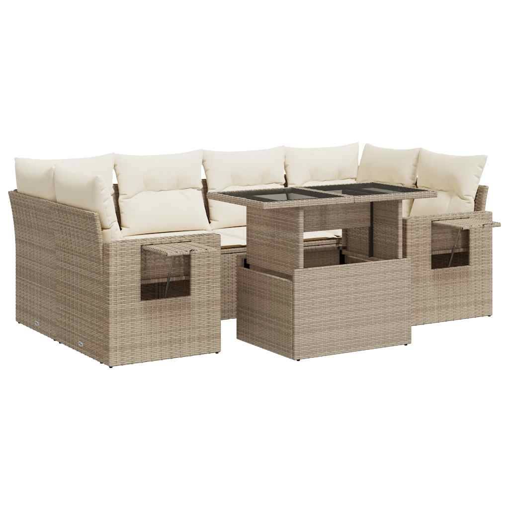 vidaXL 7-tlg. Garten-Sofagarnitur mit Kissen Beige Poly Rattan