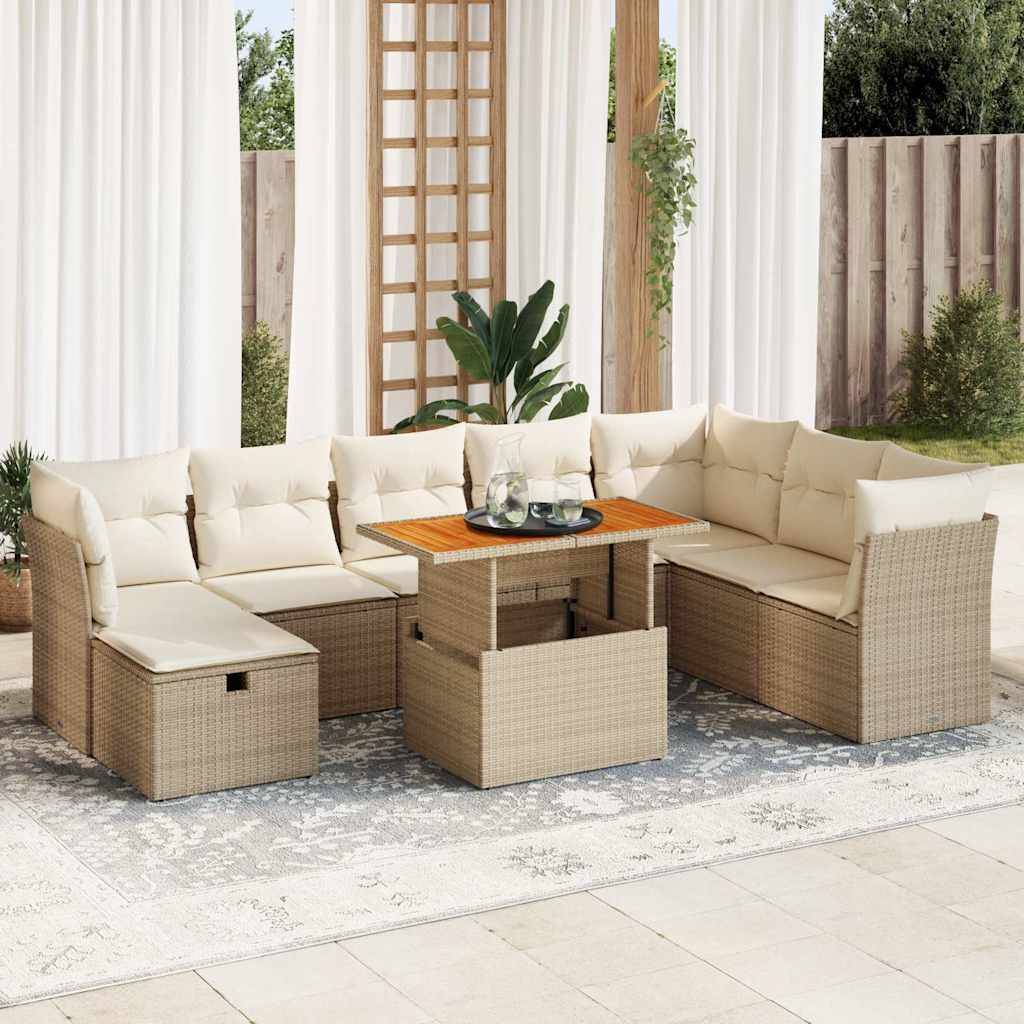 vidaXL 9-tlg. Garten-Sofagarnitur mit Kissen Beige Poly Rattan Akazie