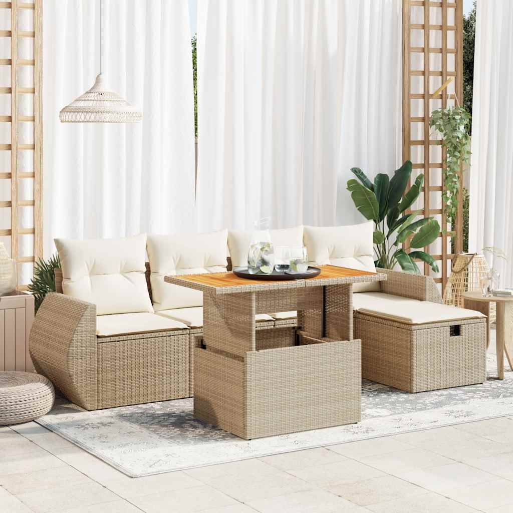 vidaXL 6-tlg. Garten-Sofagarnitur mit Kissen Beige Poly Rattan Akazie