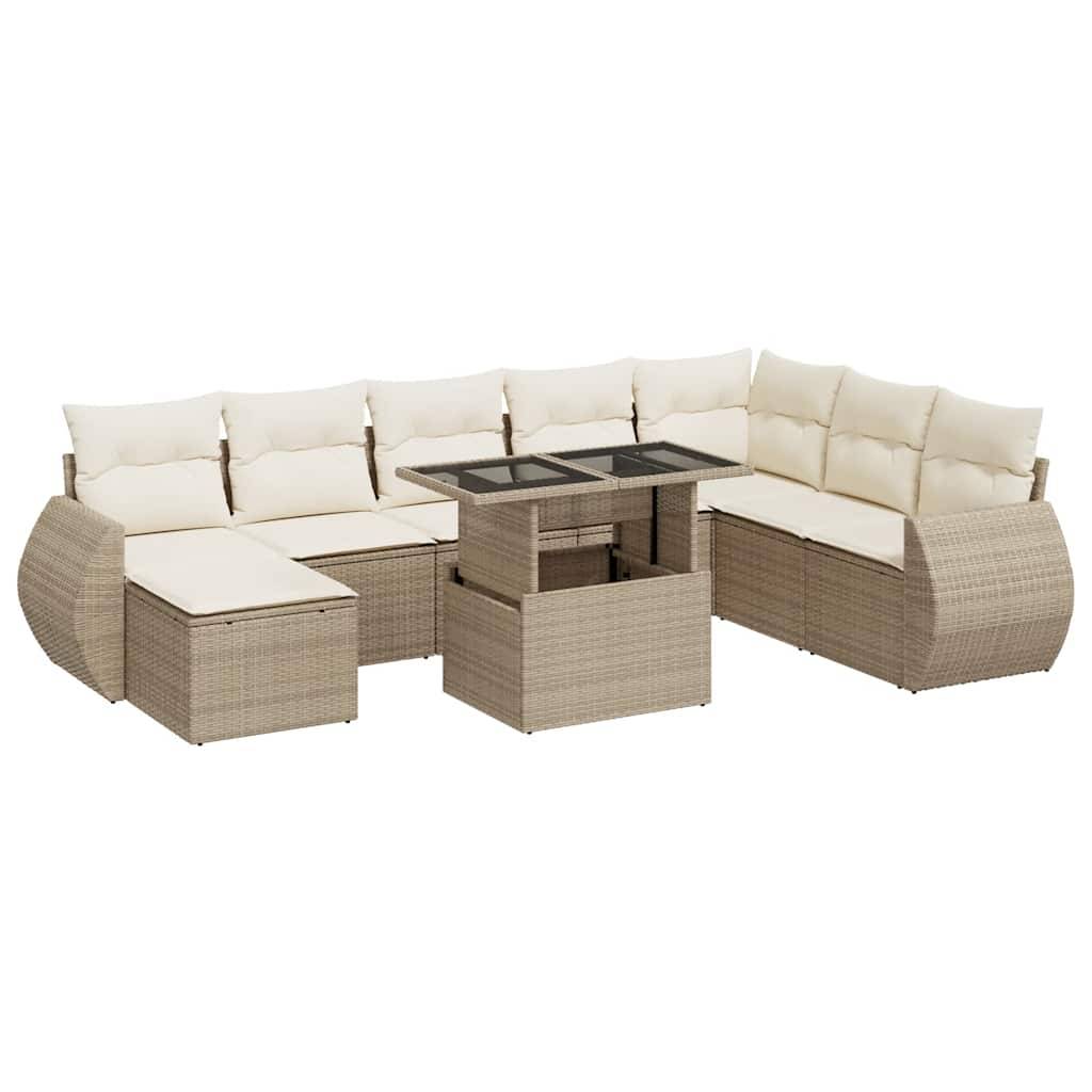vidaXL 9-tlg. Garten-Sofagarnitur mit Kissen Beige Poly Rattan