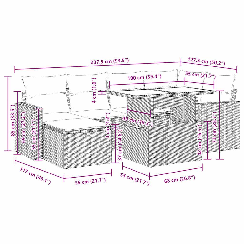 vidaXL 7-tlg. Garten-Sofagarnitur mit Kissen Beige Poly Rattan