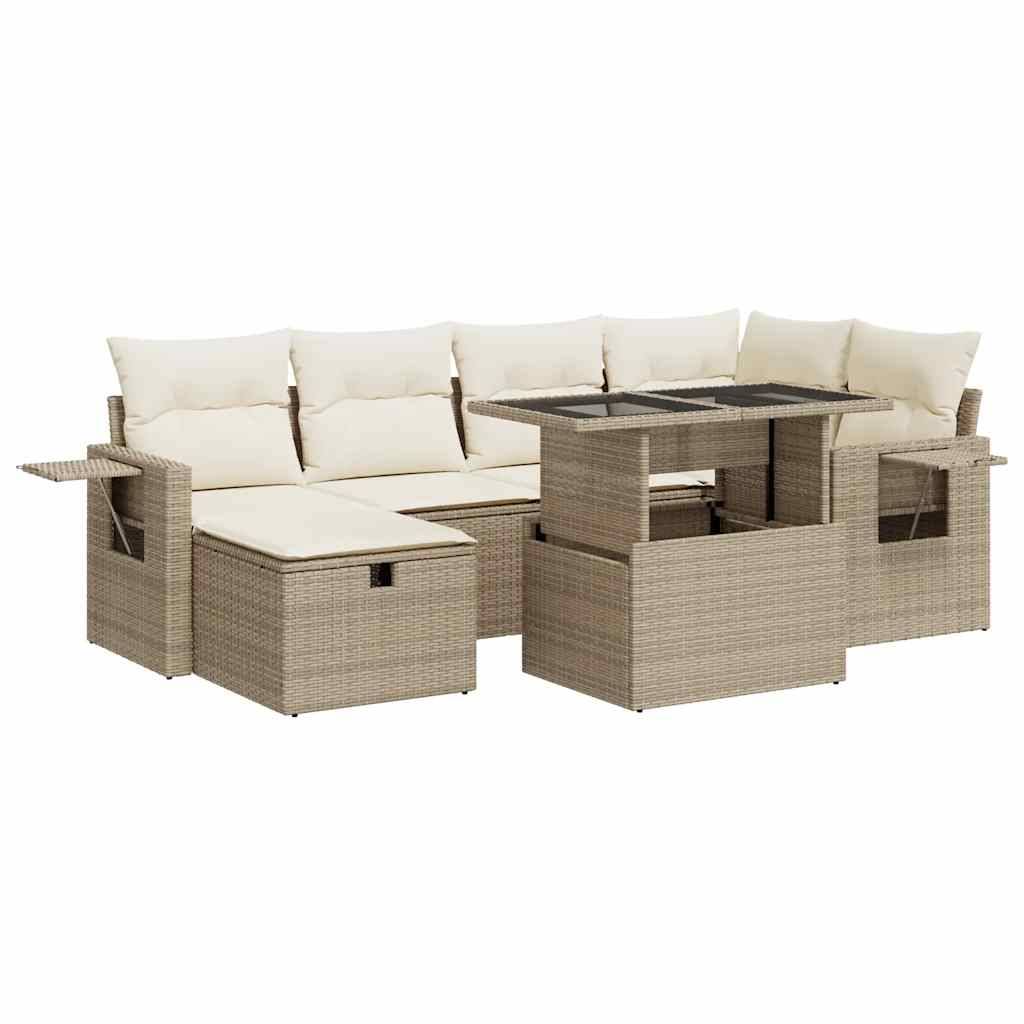 vidaXL 7-tlg. Garten-Sofagarnitur mit Kissen Beige Poly Rattan