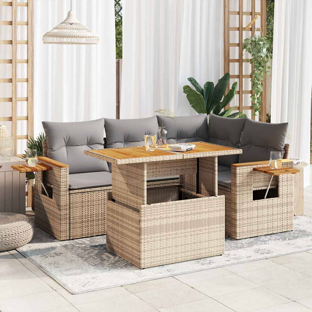 vidaXL 5-tlg. Garten-Sofagarnitur mit Kissen Beige Poly Rattan Akazie