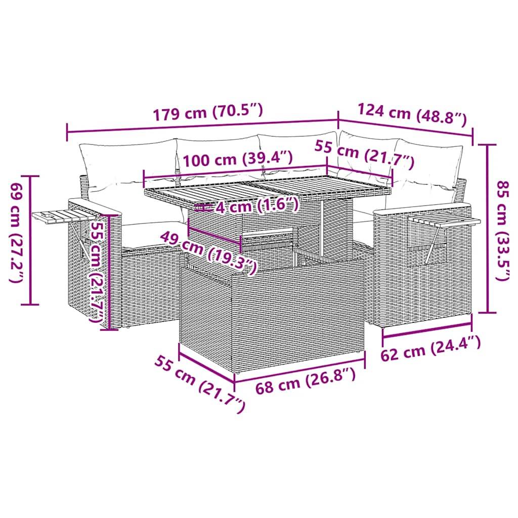 vidaXL 5-tlg. Garten-Sofagarnitur mit Kissen Beige Poly Rattan Akazie