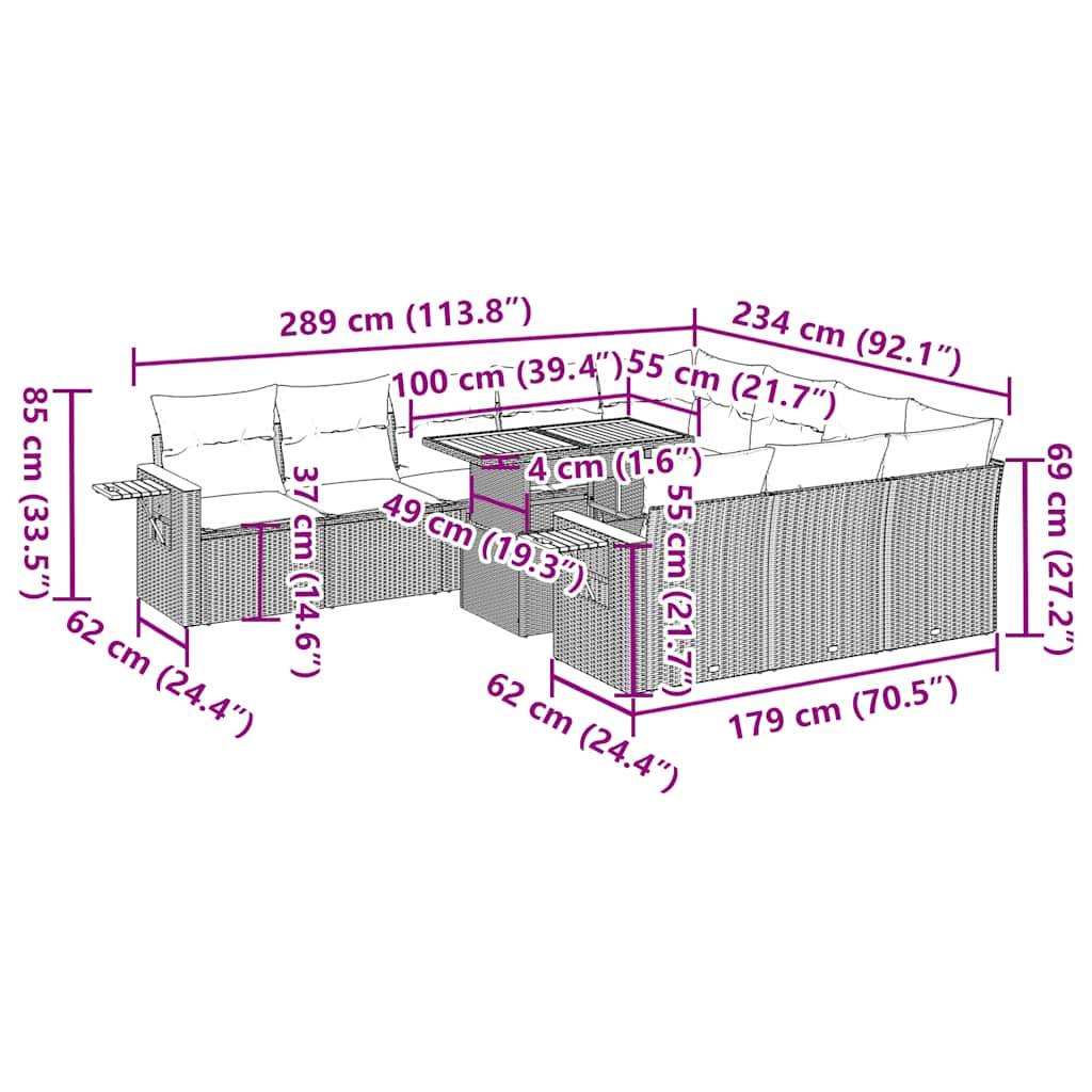 vidaXL 11-tlg. Garten-Sofagarnitur mit Kissen Beige Poly Rattan Akazie