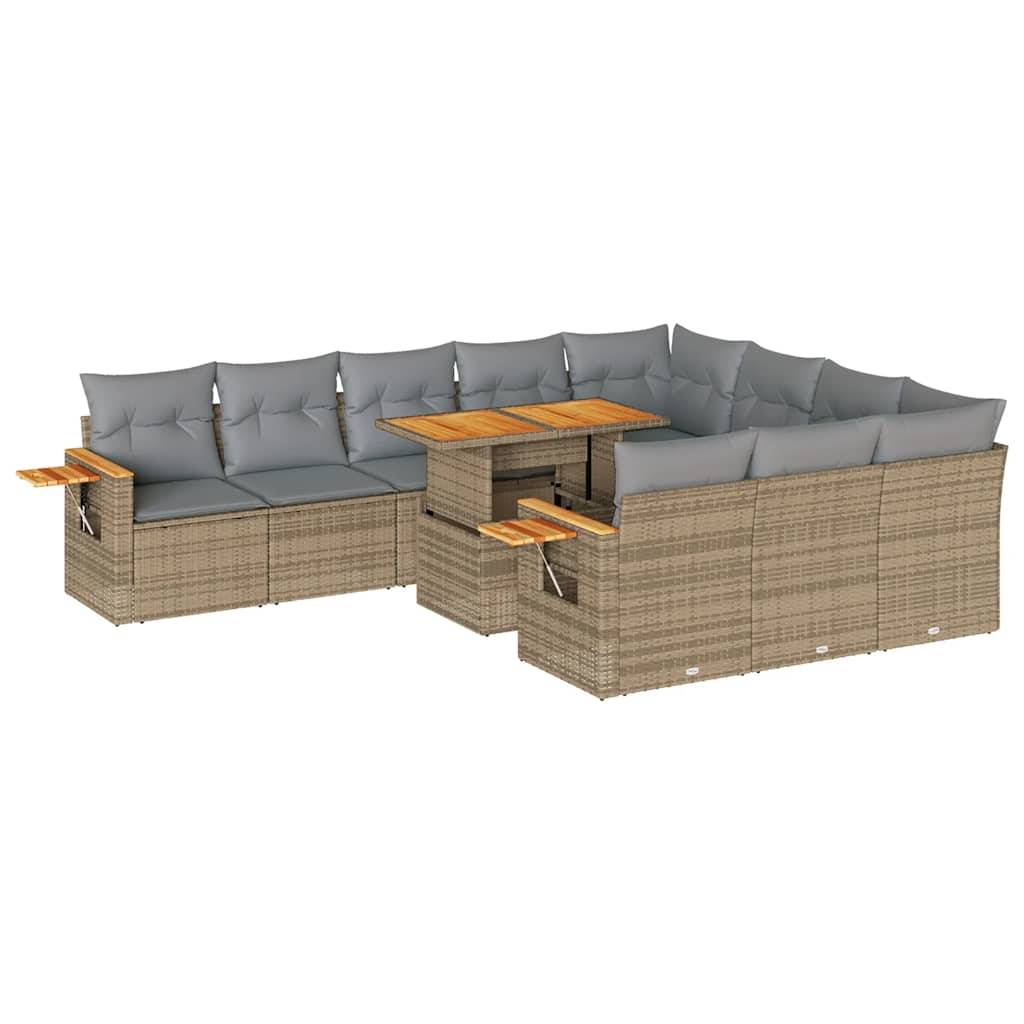 vidaXL 11-tlg. Garten-Sofagarnitur mit Kissen Beige Poly Rattan Akazie