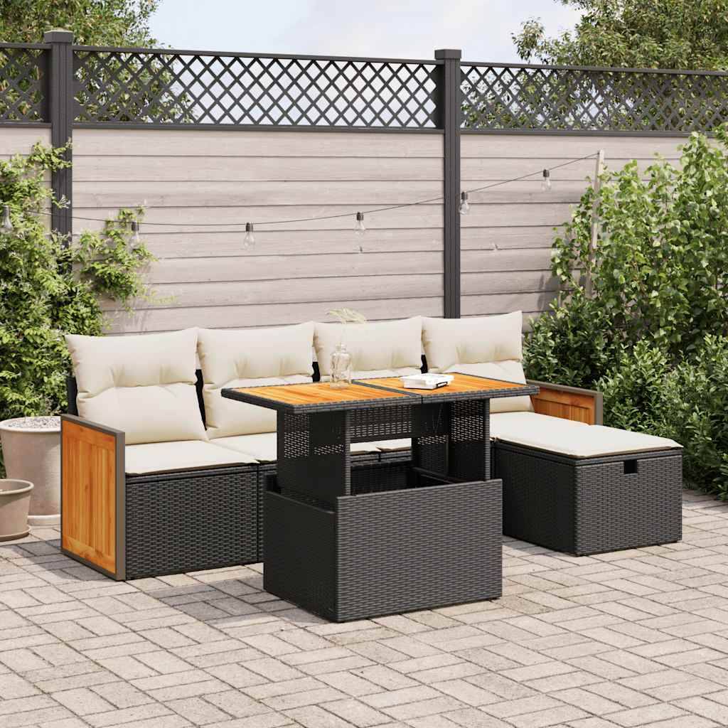 vidaXL 6-tlg. Garten-Sofagarnitur mit Kissen Schwarz Poly Rattan