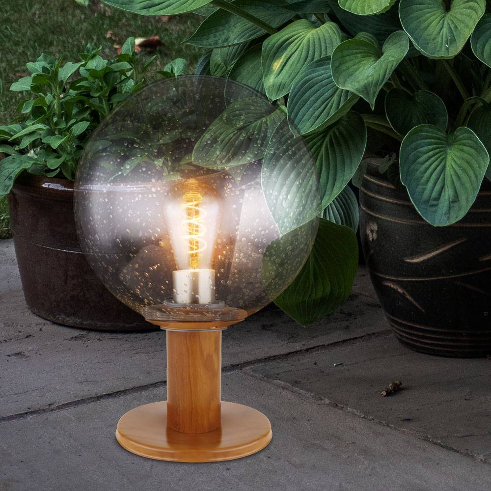 Gartenlampe Stehleuchte Sockelleuchte Außenlampe Stehlampe, Alu Holzoptik Glaskugel, Blasen-Optik, dimmbar Fernbedienung, RGB LED 8,5W 806Lm 3000K