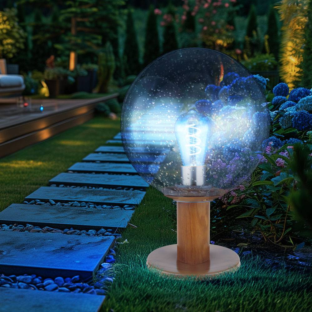Gartenlampe Stehleuchte Sockelleuchte Außenlampe Stehlampe, Alu Holzoptik Glaskugel, Blasen-Optik, dimmbar Fernbedienung, RGB LED 8,5W 806Lm 3000K