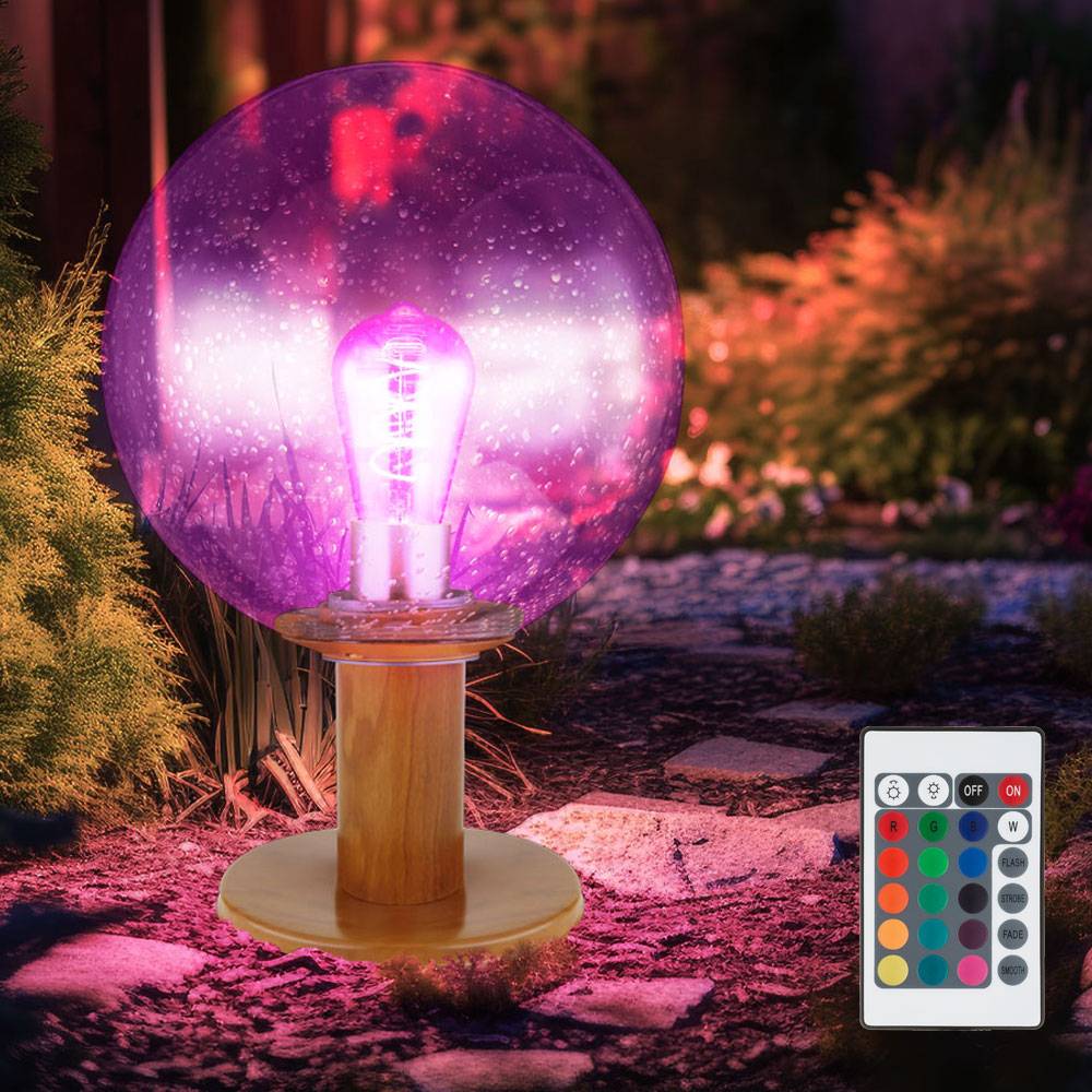 Gartenlampe Stehleuchte Sockelleuchte Außenlampe Stehlampe, Alu Holzoptik Glaskugel, Blasen-Optik, dimmbar Fernbedienung, RGB LED 8,5W 806Lm 3000K