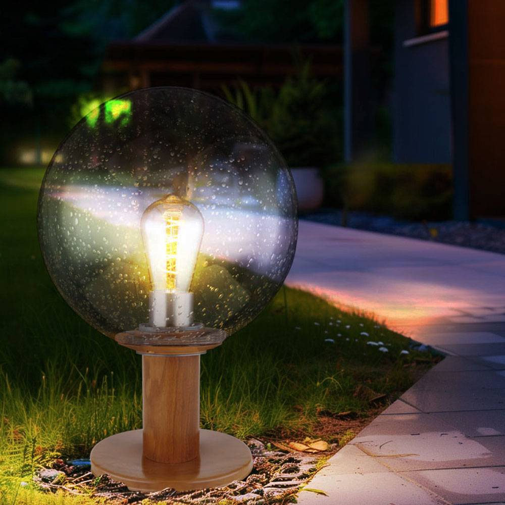Gartenlampe Stehleuchte Sockelleuchte Außenlampe Stehlampe, Alu Holzoptik Glaskugel, Blasen-Optik, dimmbar Fernbedienung, RGB LED 8,5W 806Lm 3000K
