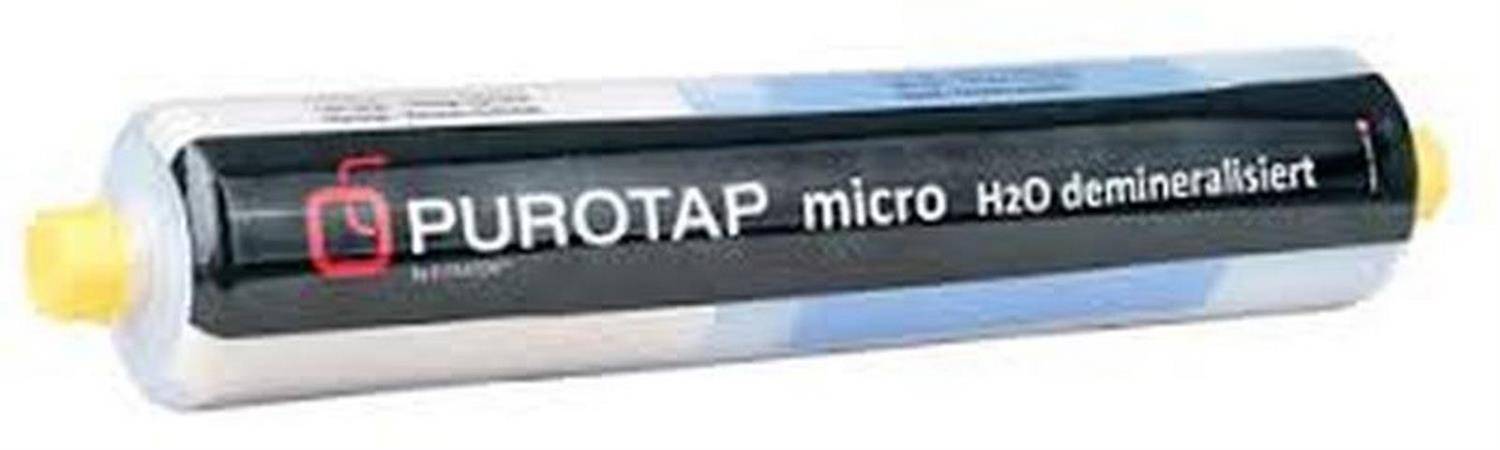Ein PuroTap Micro H2O Demineralisiertes Wasser Filterpatronen-Behälter, gezeigt in einem schwarzen und silbernen zylindrischen Gehäuse mit gelben Endkappen.