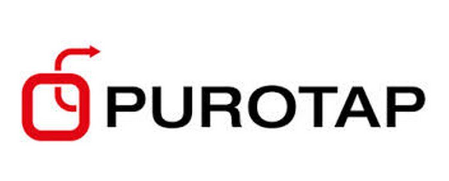 PUROTAP-Logo: Stilisiertes rotes Quadrat-Symbol mit gebogener pfeilartiger Linie neben schwarzem Wortzeichen „PUROTAP