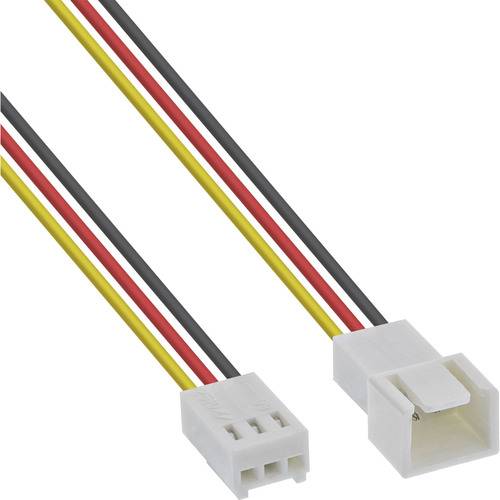 Zwei Computerkabel mit weißen Steckern, jeweils mit drei Pins und Drähten in Rot, Schwarz und Gelb, verwendet für elektronische Verbindungen.