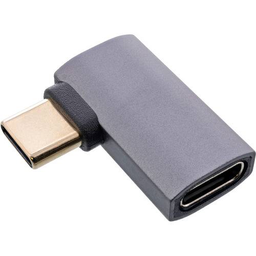 Ein kleiner, L-förmiger USB Typ-C Adapter, mit einem männlichen Anschluss an einem Ende und einem seitlichen weiblichen Anschluss zum Verbinden von Geräten.