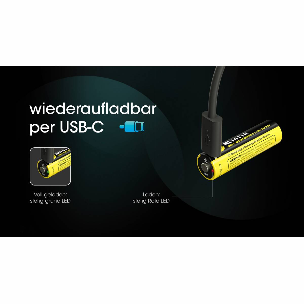 Nitecore NL1411R | 14500 Li-Ionen-Akku mit USB-C-Anschluss 1100mAh