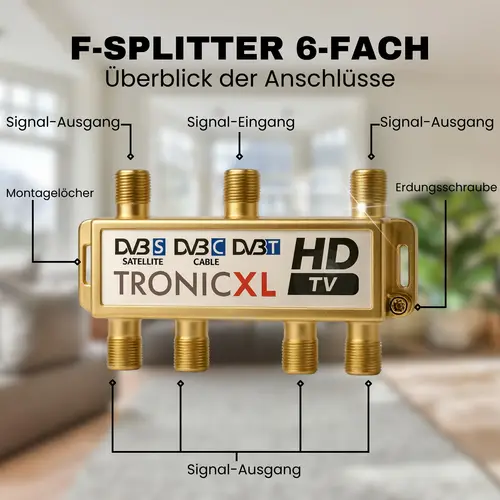 Premium 6-fach Sat Splitter Antennen Verteiler für Fernseher Signalteiler Signalverteiler Kabelfernsehen DVBC 3D 4K HD Premium 6-fach Sat Splitter Antennen Verteiler für Fernseher Signalteiler Signalverteiler Kabelfernsehen DVBC 3D 4K HD