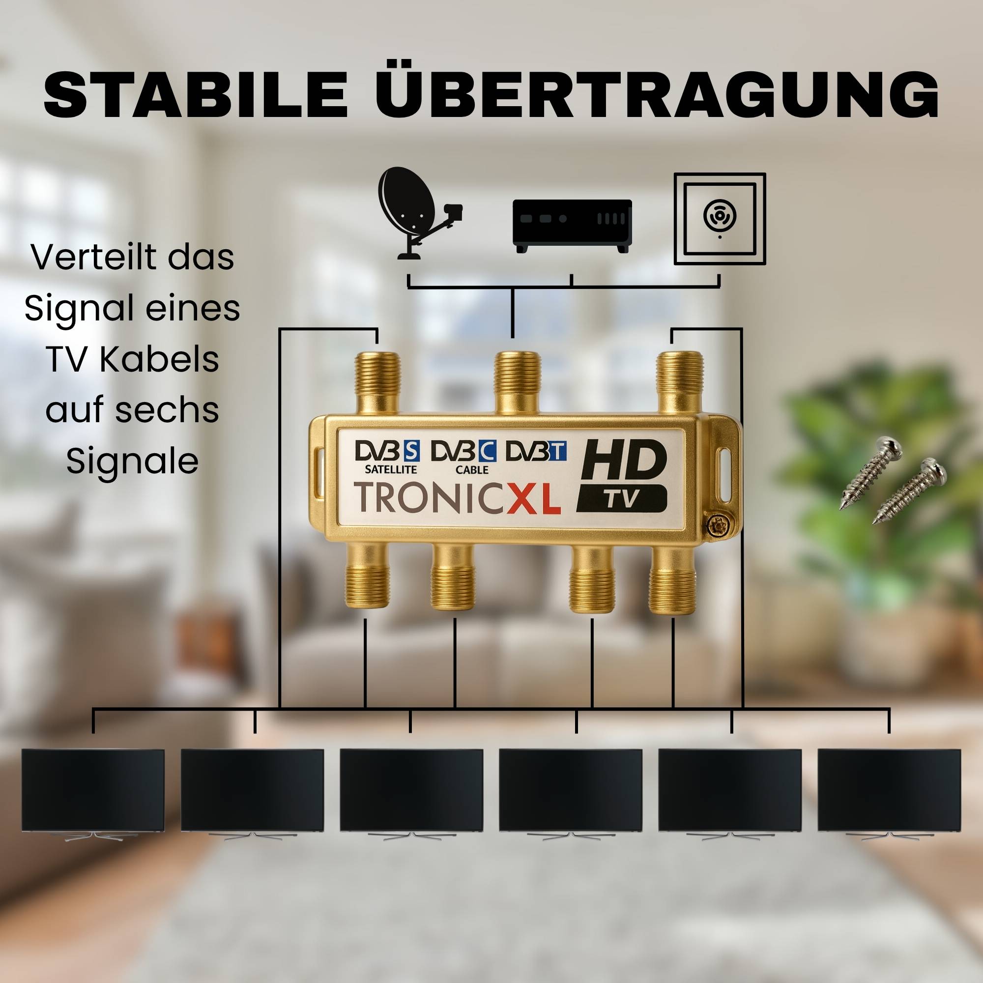 Premium 6-fach Sat Splitter Antennen Verteiler für Fernseher Signalteiler Signalverteiler Kabelfernsehen DVBC 3D 4K HD