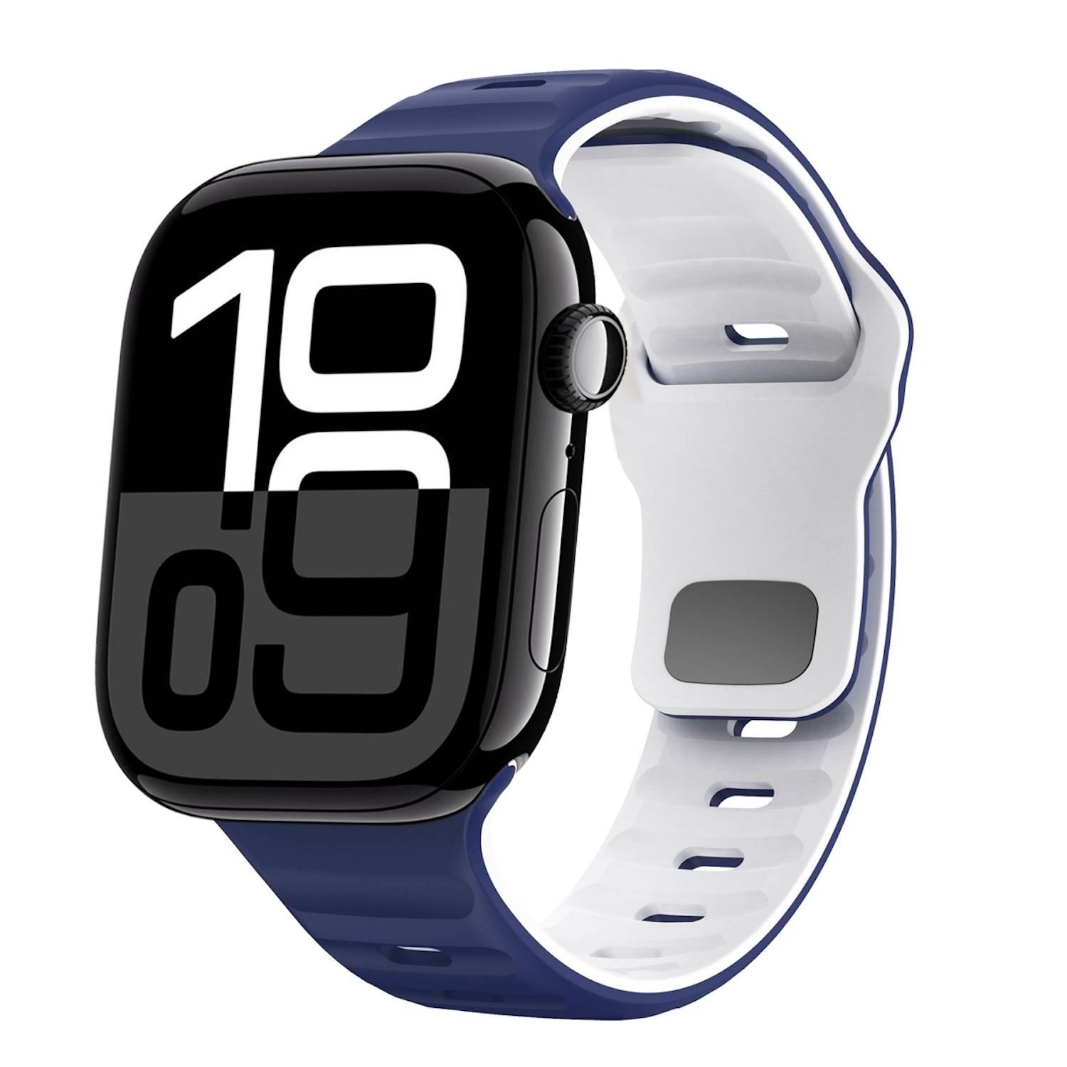 Für Apple Watch Series 11 10 42mm / 9 8 7 41 / 6 SE 5 4 40mm Silikon Wellenstruktur Armband Dunkelblau / Weiß