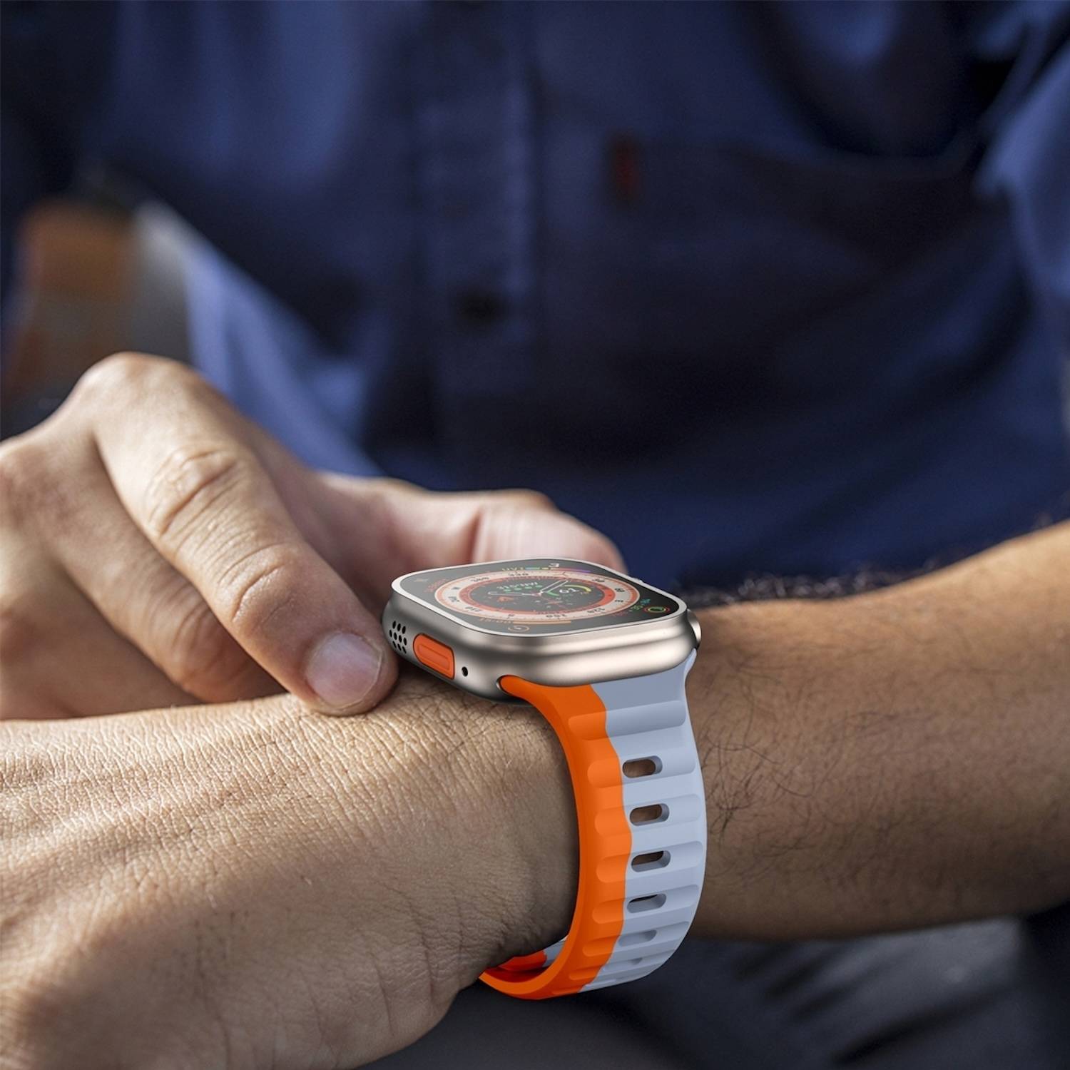 Für Apple Watch Series 11 10 46mm / 9 8 7 45 / 6 SE 5 4 44mm Silikon Design Wellenstruktur Armband Orange / Grau