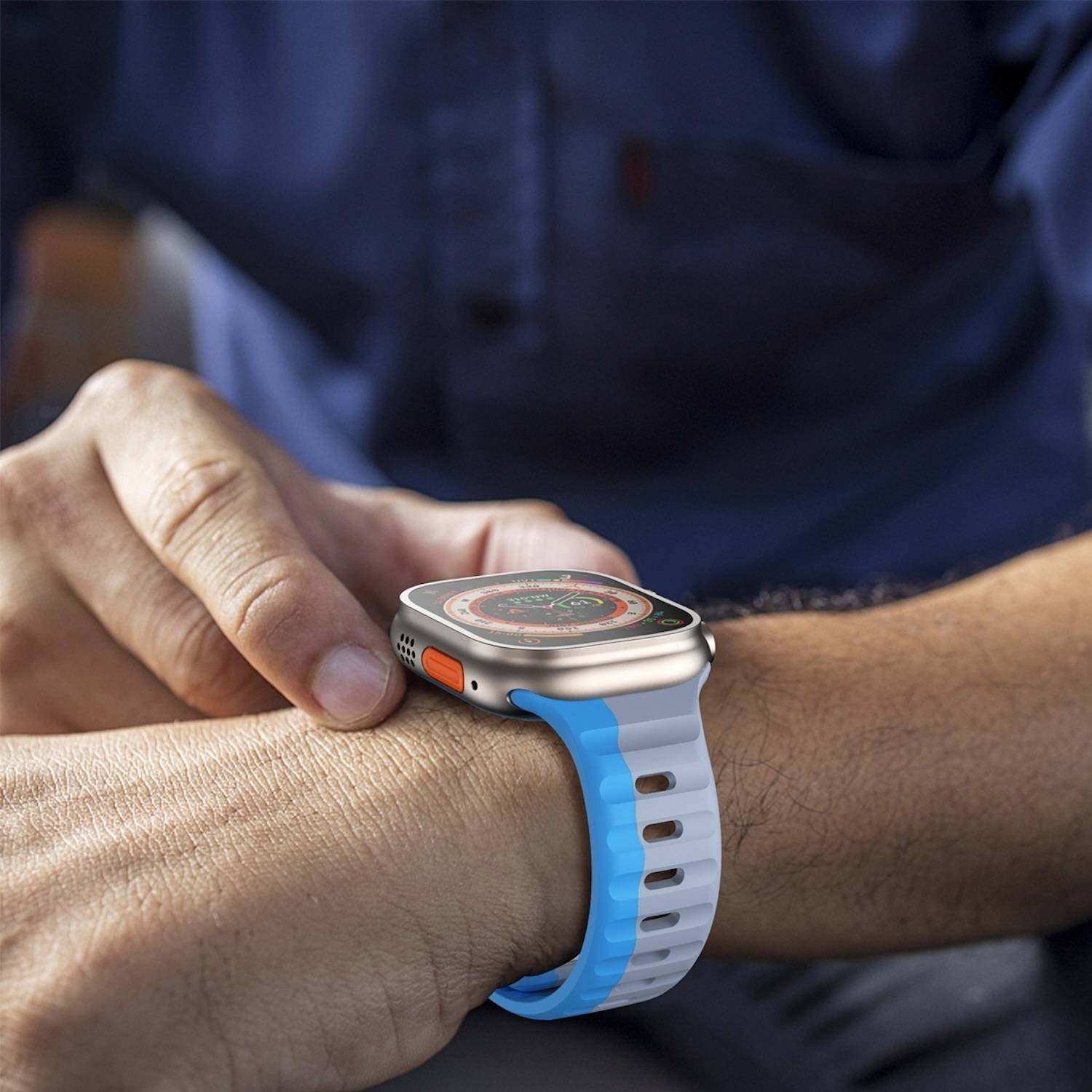 Für Apple Watch Series 10 46mm / 9 8 7 45 / 6 SE 5 4 44mm Silikon Design Wellenstruktur Armband Grau / Blau