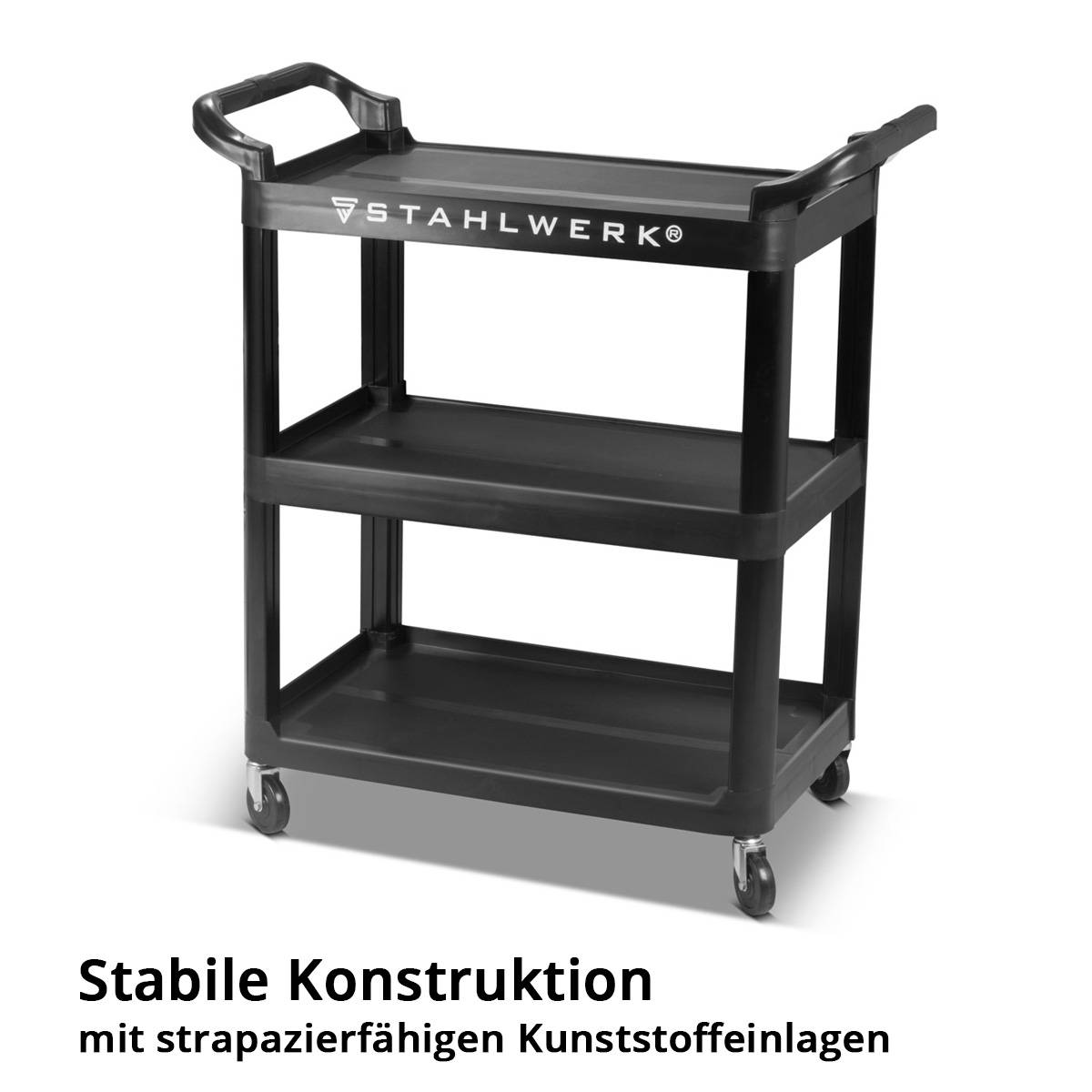 Schwarzer Utility-Wagen der Marke 'Stahlwerk' mit drei Einlegeböden und Rollen, der eine stabile Konstruktion und robuste Kunststofteinsätze präsentiert.