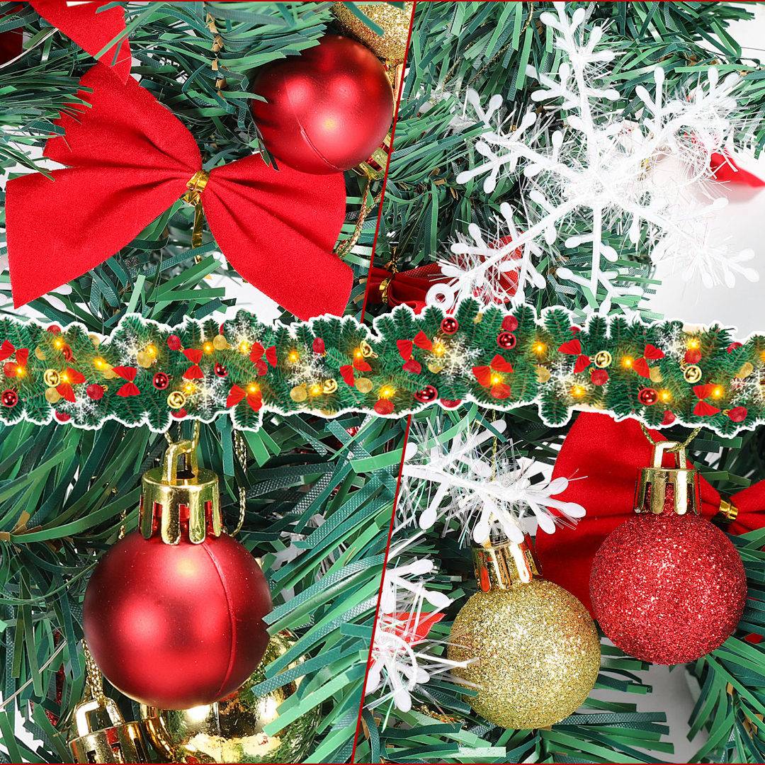 Collage von Weihnachtsbaumdekorationen: rote Schleifen, glitzernde rote und goldene Kugeln, weiße Schneeflocken und eine Girlande mit Lichtern und Verzierungen.