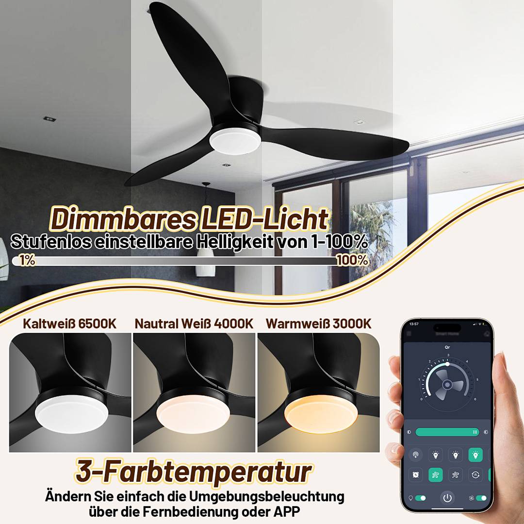 Schwarzer Deckenventilator mit integrierter LED-Leuchte, dargestellt mit dimmbarer Helligkeit von 1% bis 100% und drei Farbtemperaturen: 6500K, 4000K und 3000K, gesteuert durch Smartphone-App.
