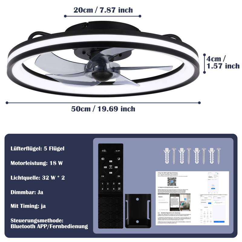 Deckenventilator Ø 50cm LED Deckenleuchte mit Beleuchtung und Fernbedienung Deckenlampe