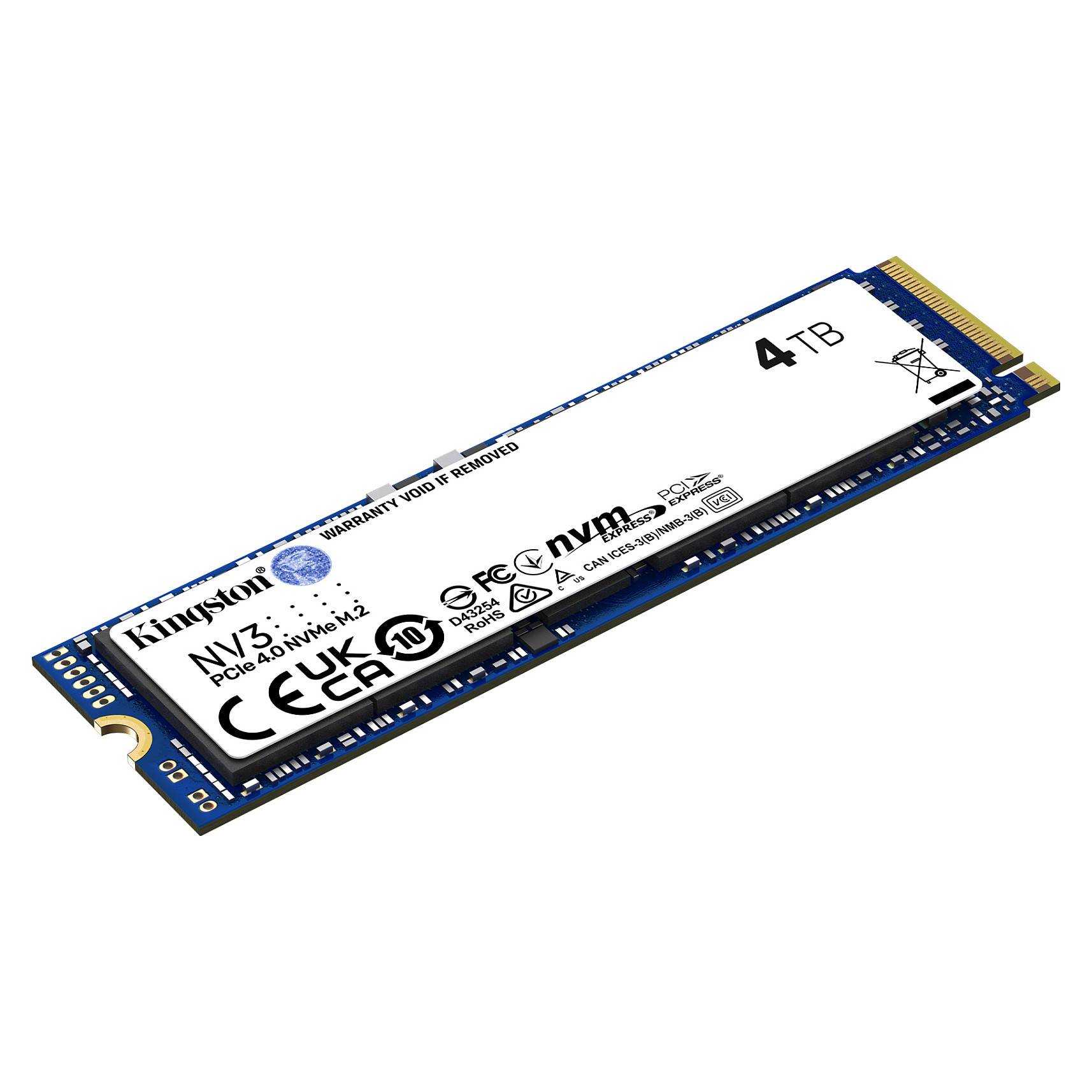 Ein Kingston NV2 PCIe 4.0 NVMe M.2 SSD mit 4 TB Kapazität, mit blauem Leiterplattendesign und gekennzeichneten Zertifizierungen.