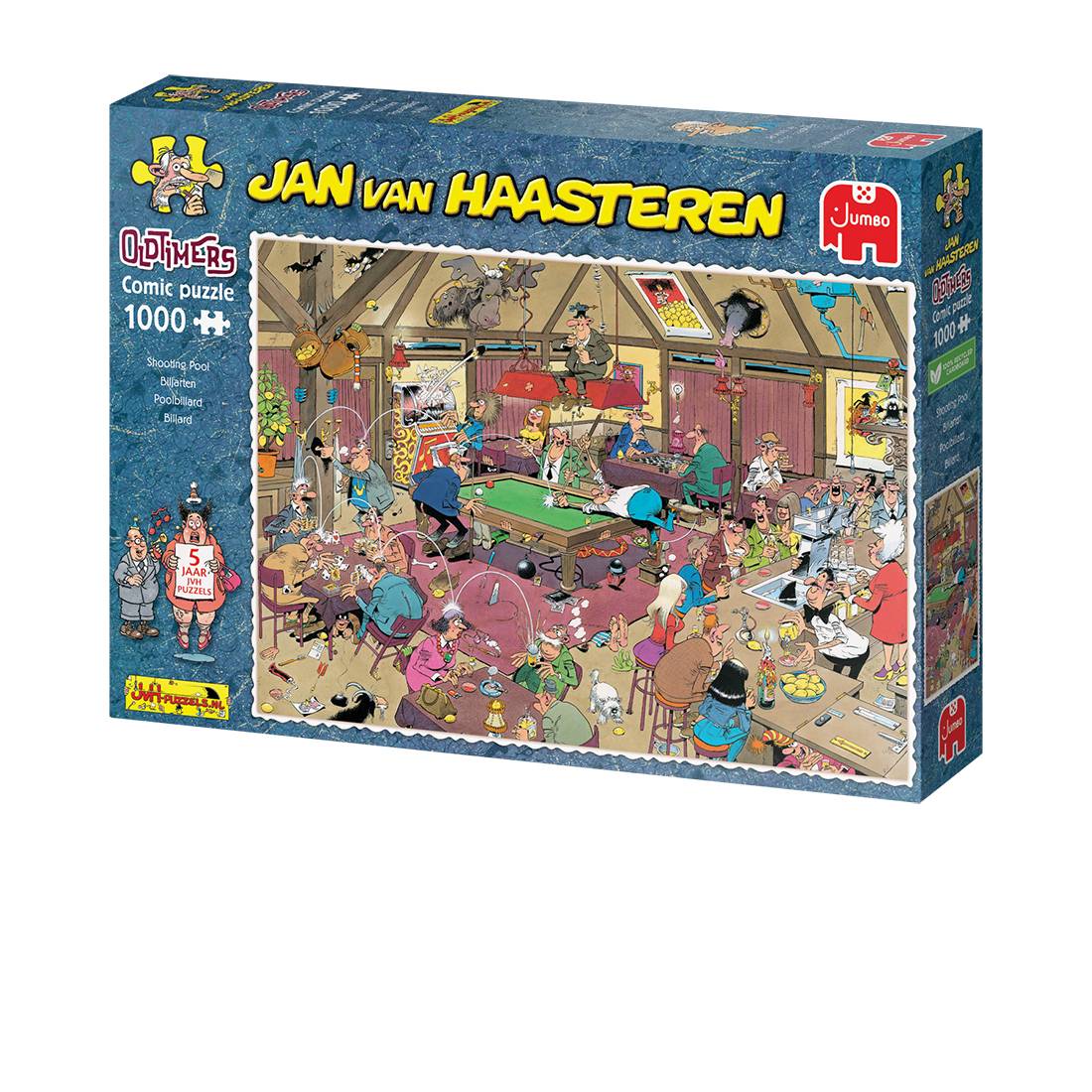 Schachtel für Jan van Haasteren 'Olimpics' 1000-teiliges Comic-Puzzle von Jumbo, auf der Vorderseite eine chaotische, überfüllte Hallenbadszene gezeigt.