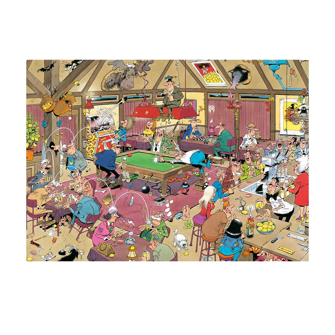 Eine überfüllte Cartoon-Tavernenschene mit Personen, die Pool spielen, essen, trinken und inmitten chaotischer Aktivitäten und verschütteter Gegenstände argumentieren.